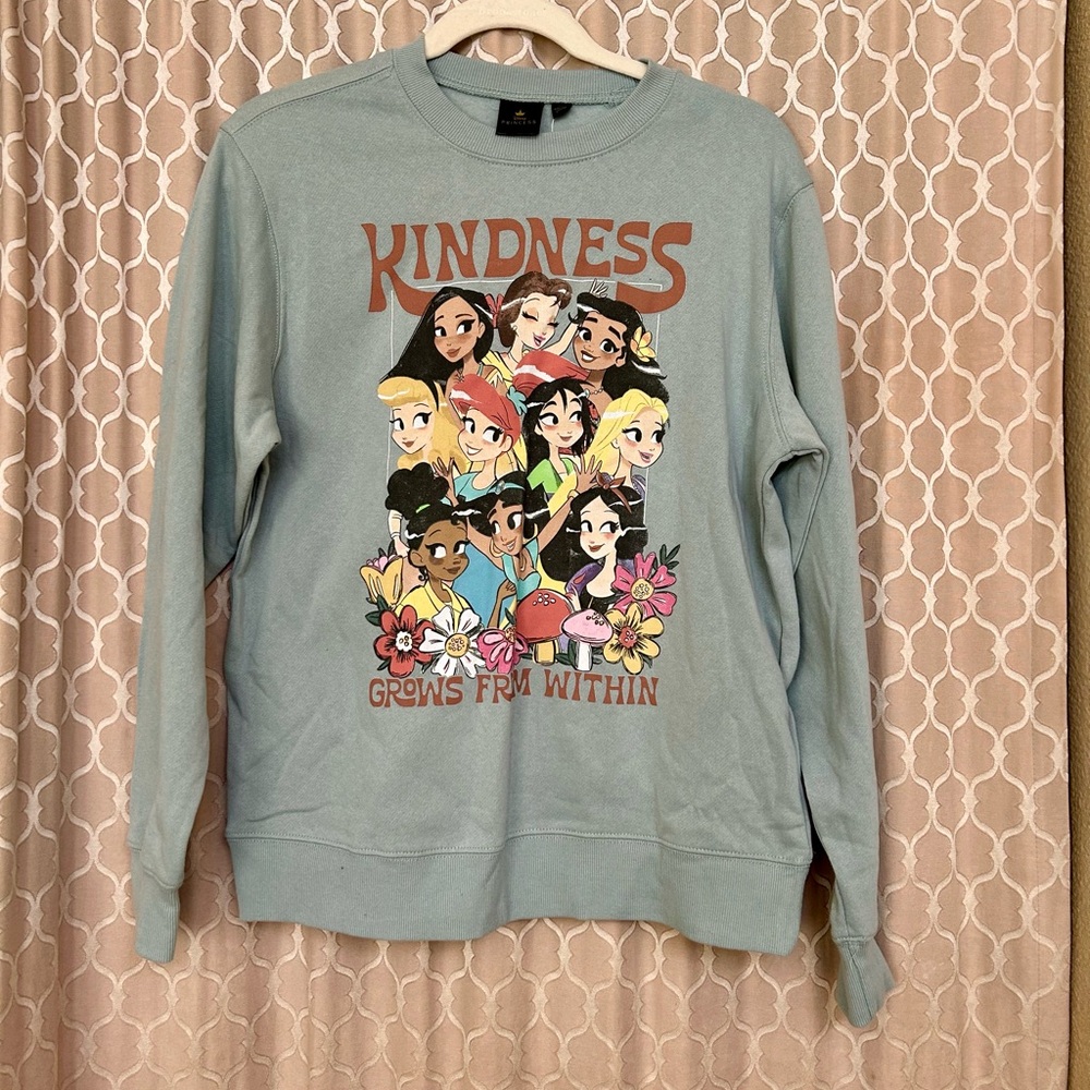 Women’s Disney Green Sweatshirt. Princesses and Kindness Message